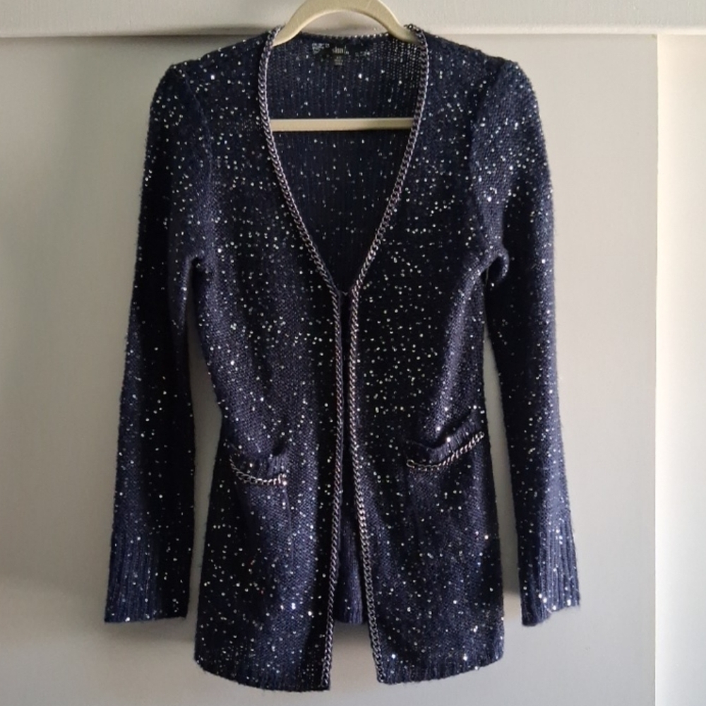 Sioni Navy Blue Sequin Cardigan Sweater XS Wedding Party Holiday